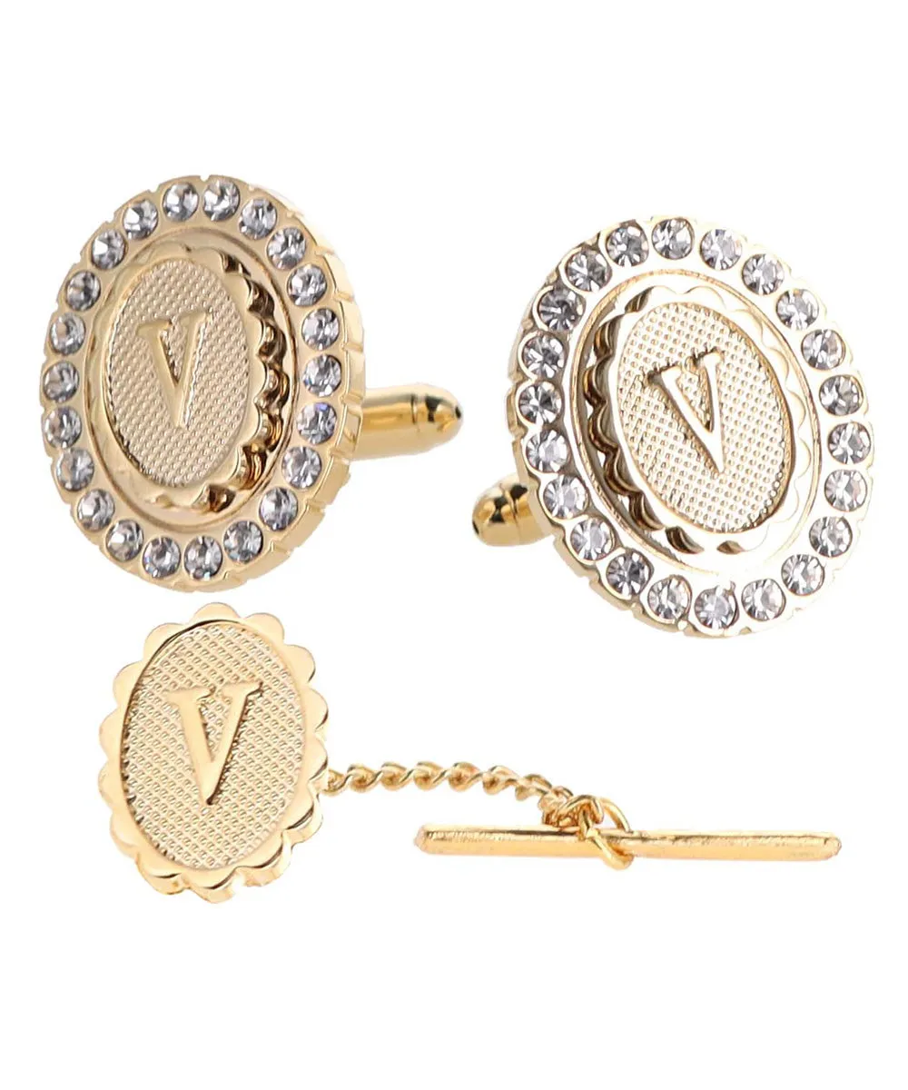 Vittorio Vico Bling Initial Cufflinks & Tie Tack Set in Gift Box