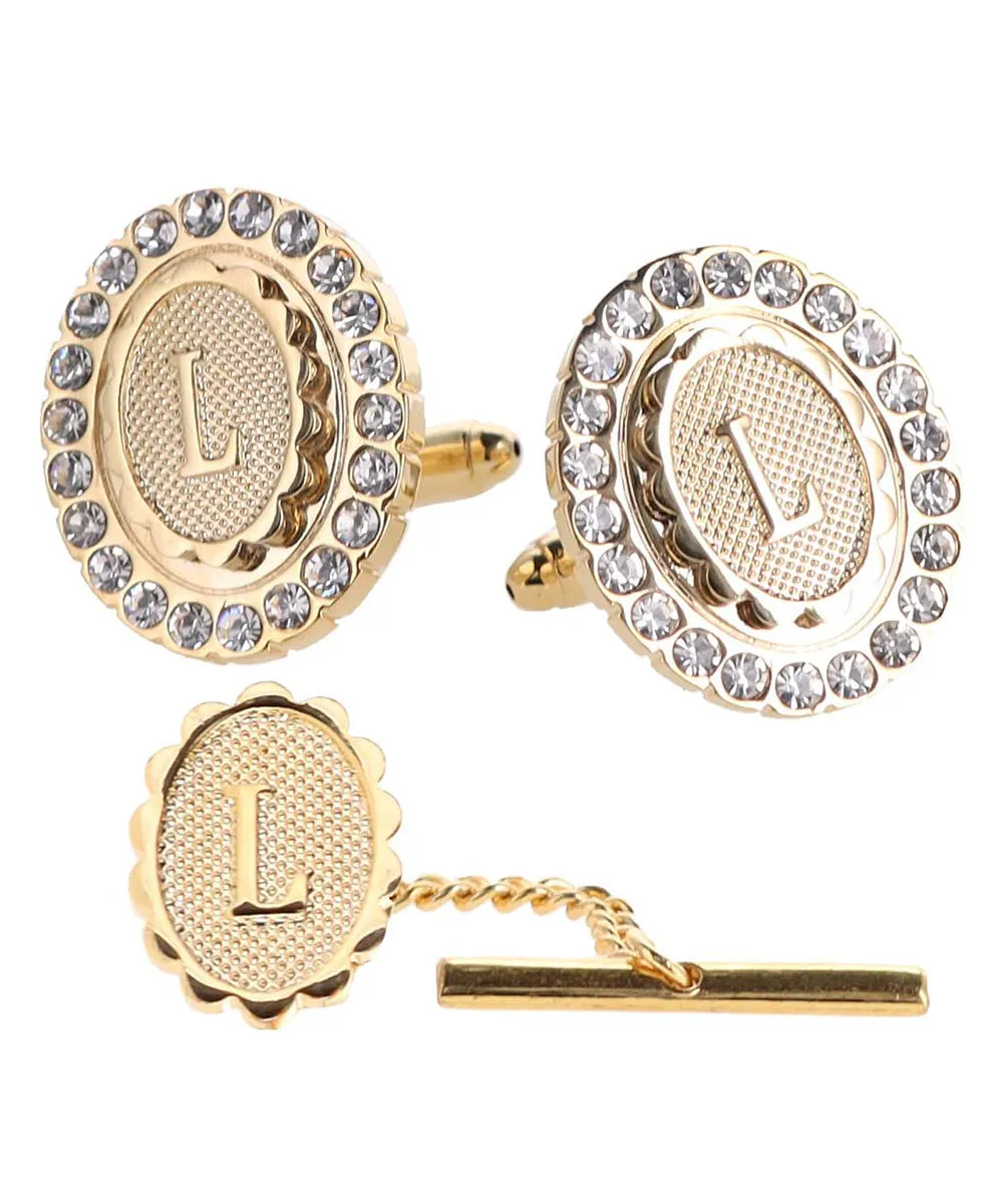 Vittorio Vico Bling Initial Cufflinks & Tie Tack Set in Gift Box