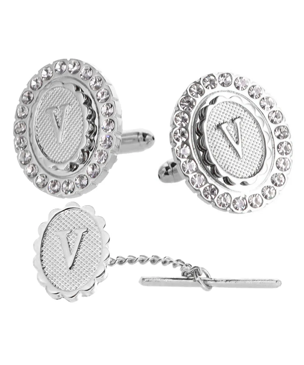 Vittorio Vico Bling Initial Cufflinks & Tie Tack Set in Gift Box