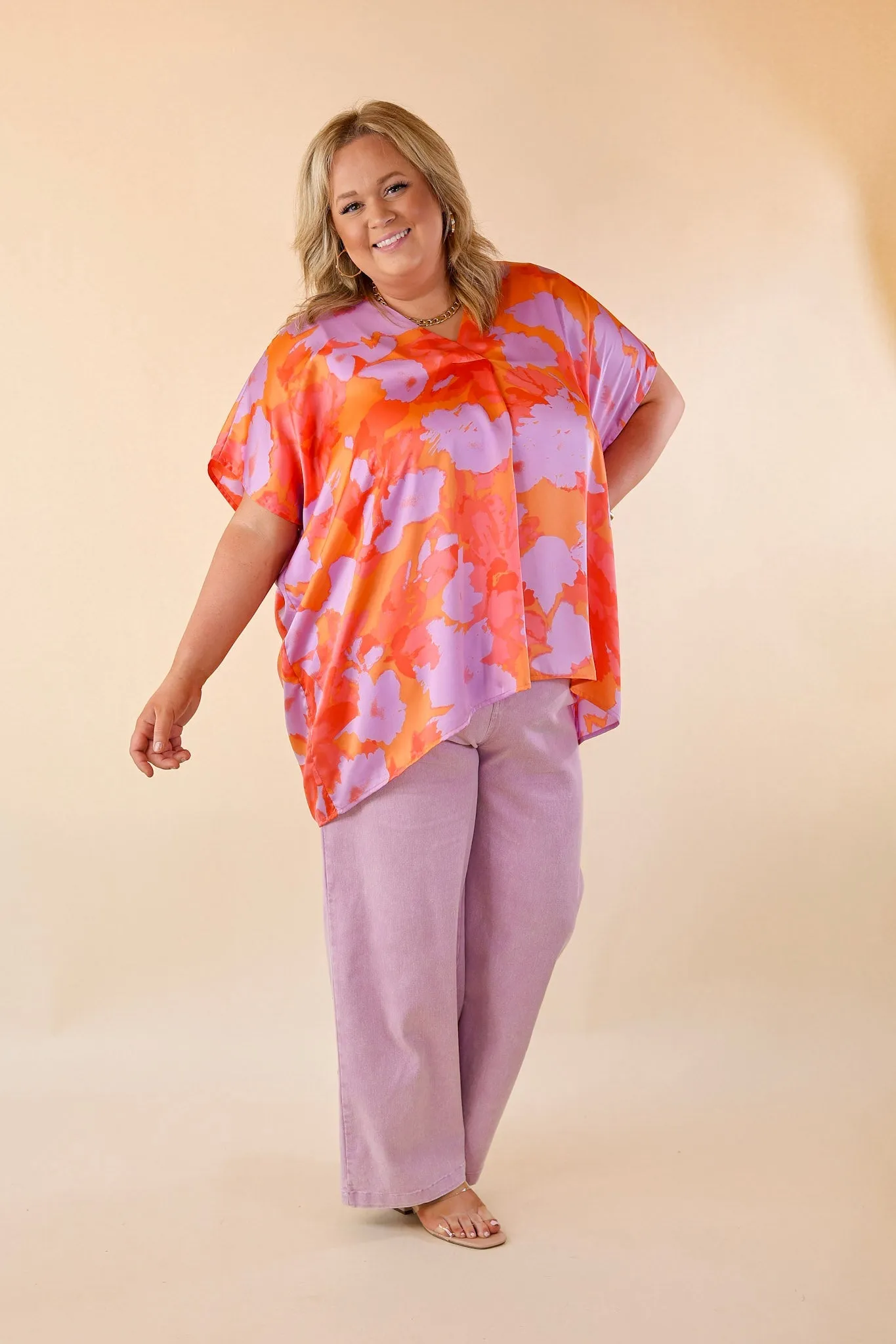 Weekend Out V Neck Short Sleeve Top in Orange and Purple