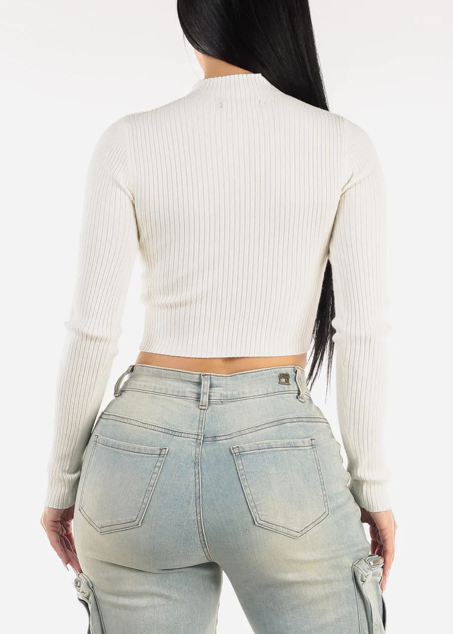 White Mock Neck Ribbed Crop Sweater Top