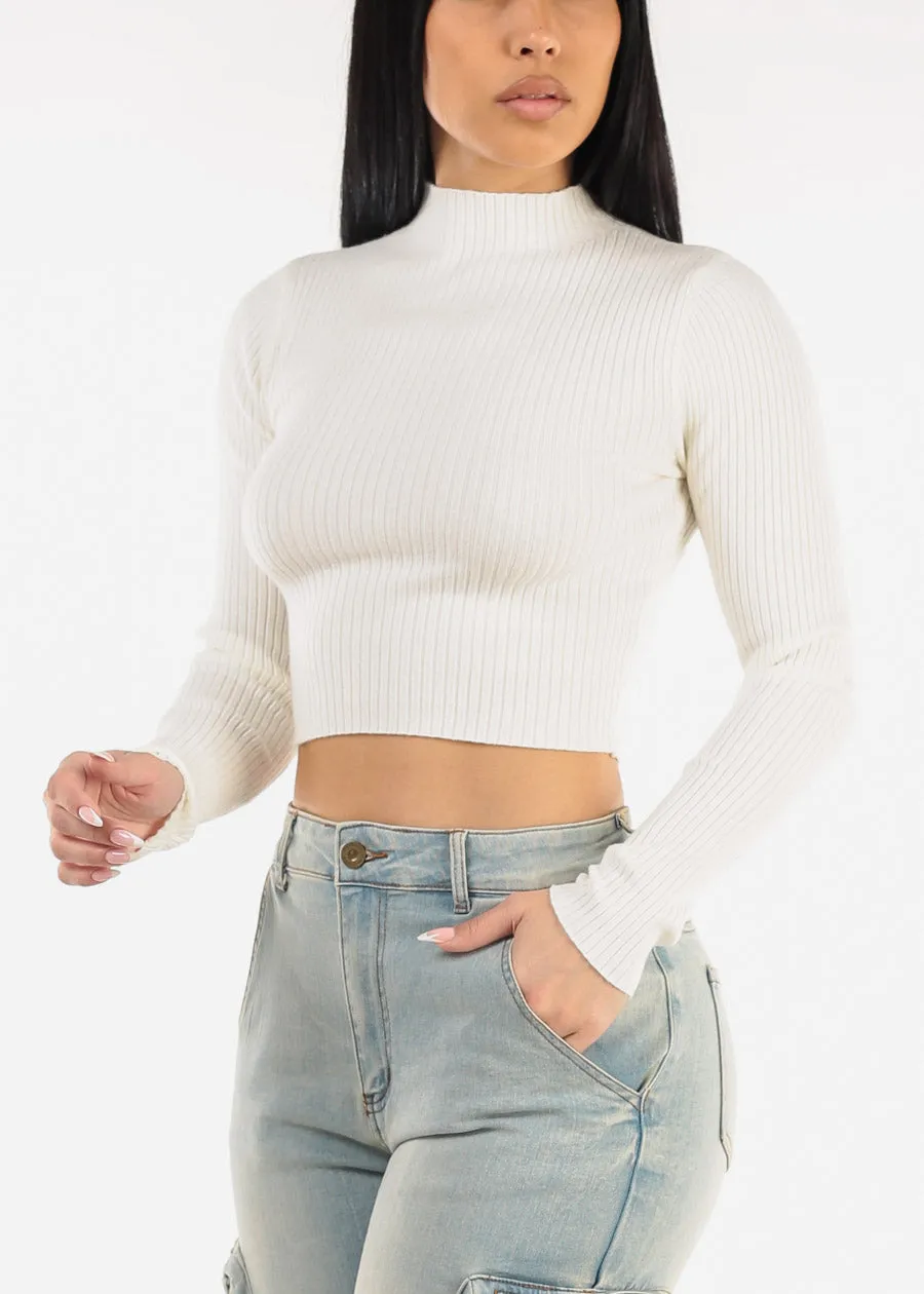 White Mock Neck Ribbed Crop Sweater Top