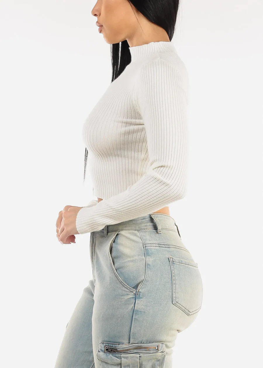 White Mock Neck Ribbed Crop Sweater Top