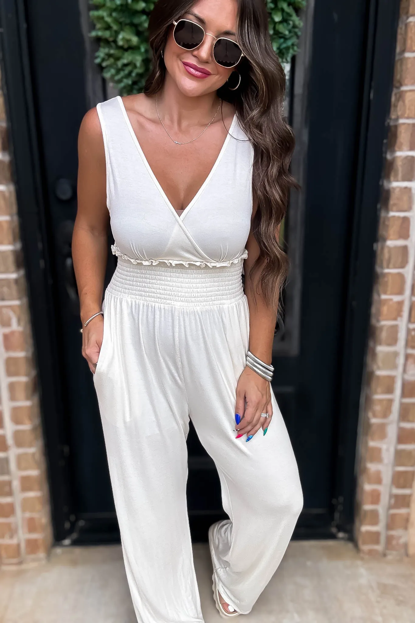 Wide Leg Natural Smocked Waist Jumpsuit