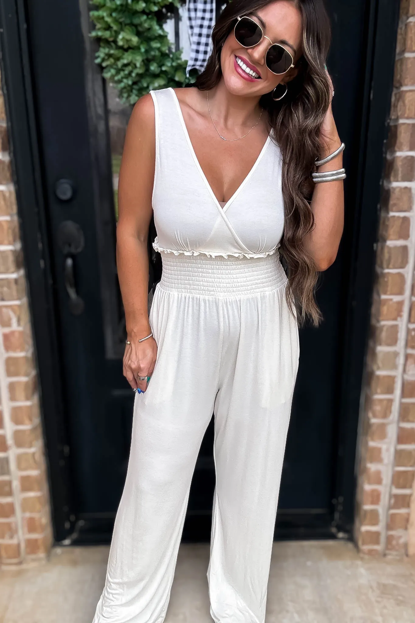 Wide Leg Natural Smocked Waist Jumpsuit