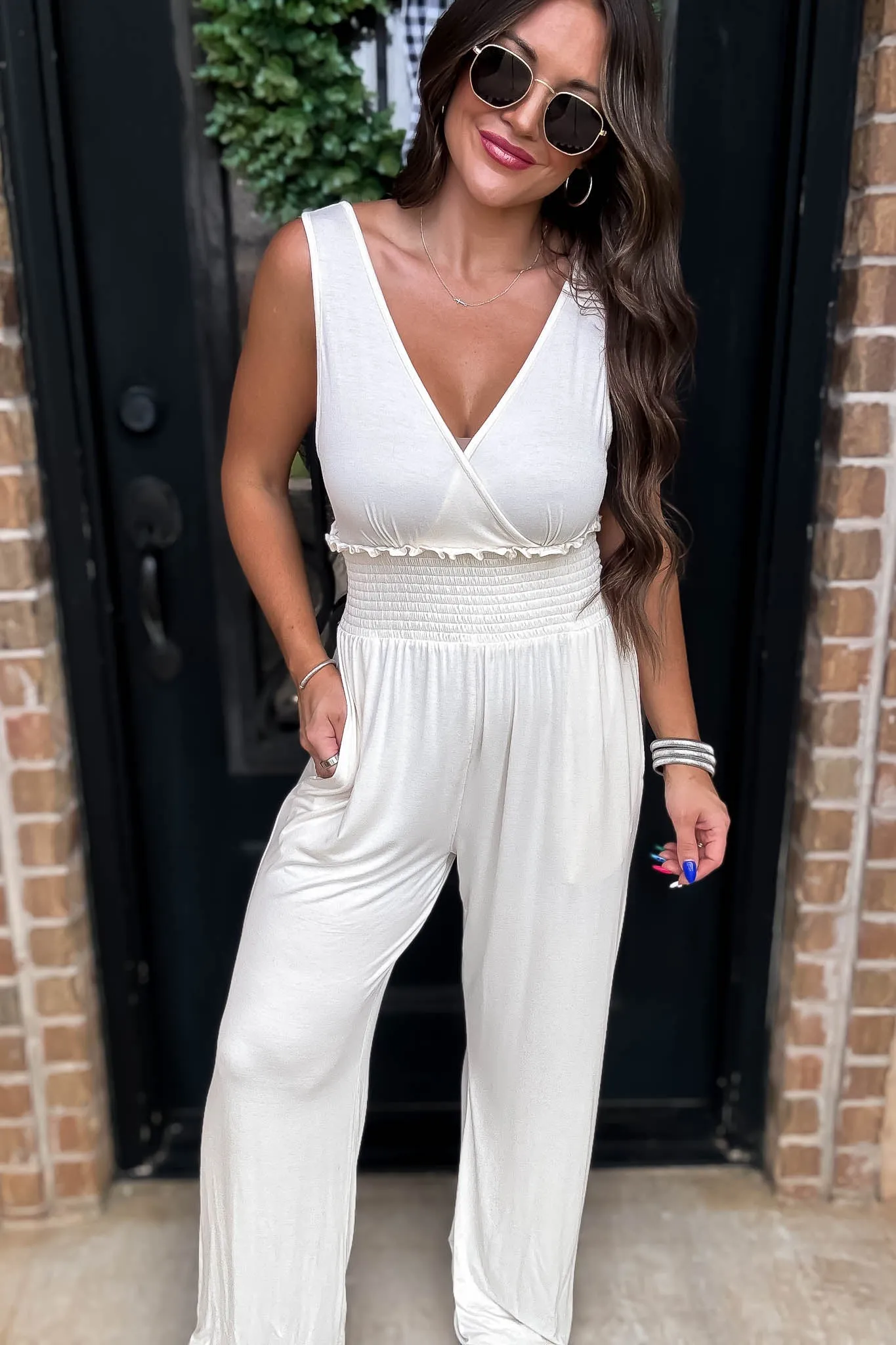 Wide Leg Natural Smocked Waist Jumpsuit