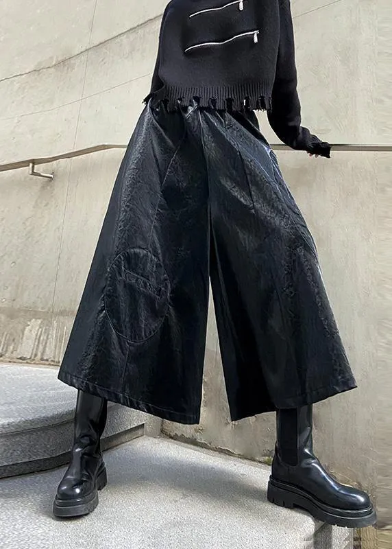 Wide leg pants women's high waist straight tube casual PU leather pants 2021