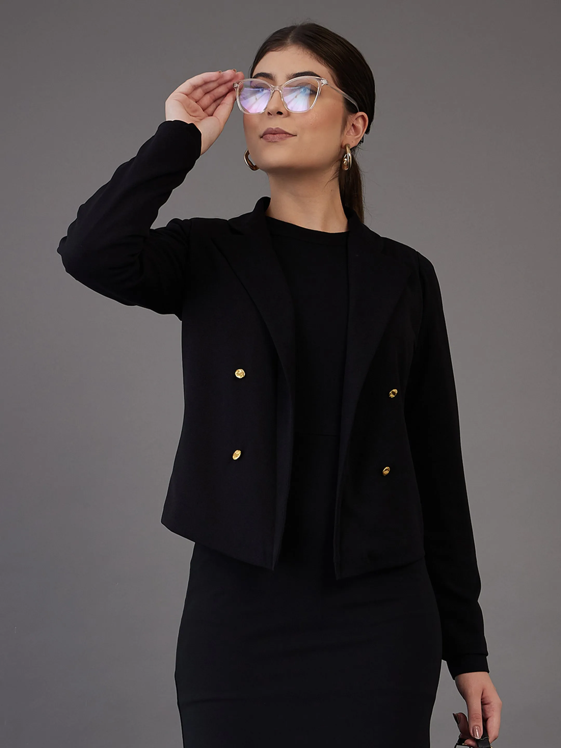 Women Black Notch Collar Single-Breasted Blazer