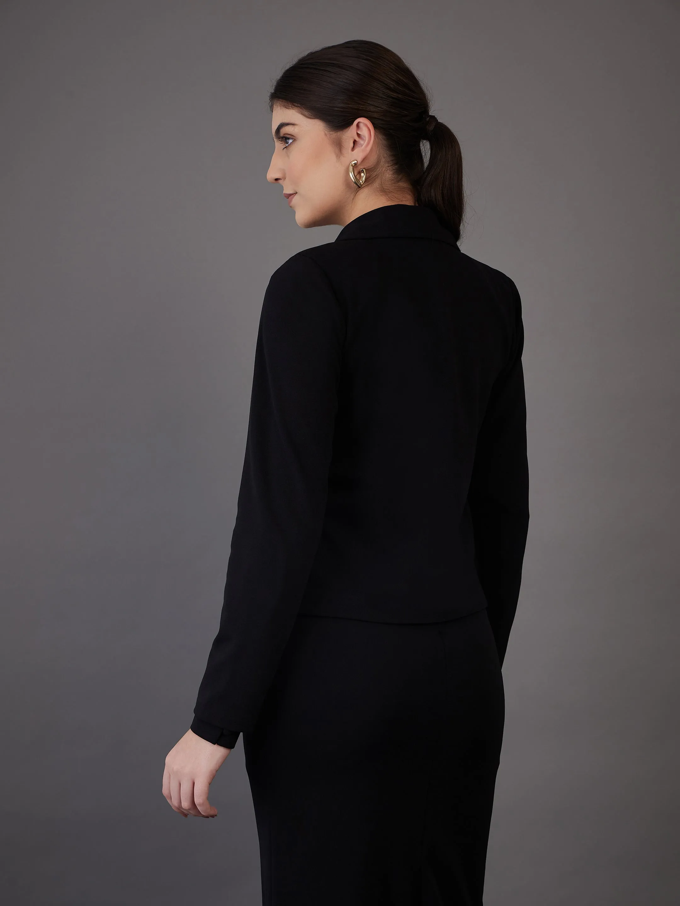 Women Black Notch Collar Single-Breasted Blazer