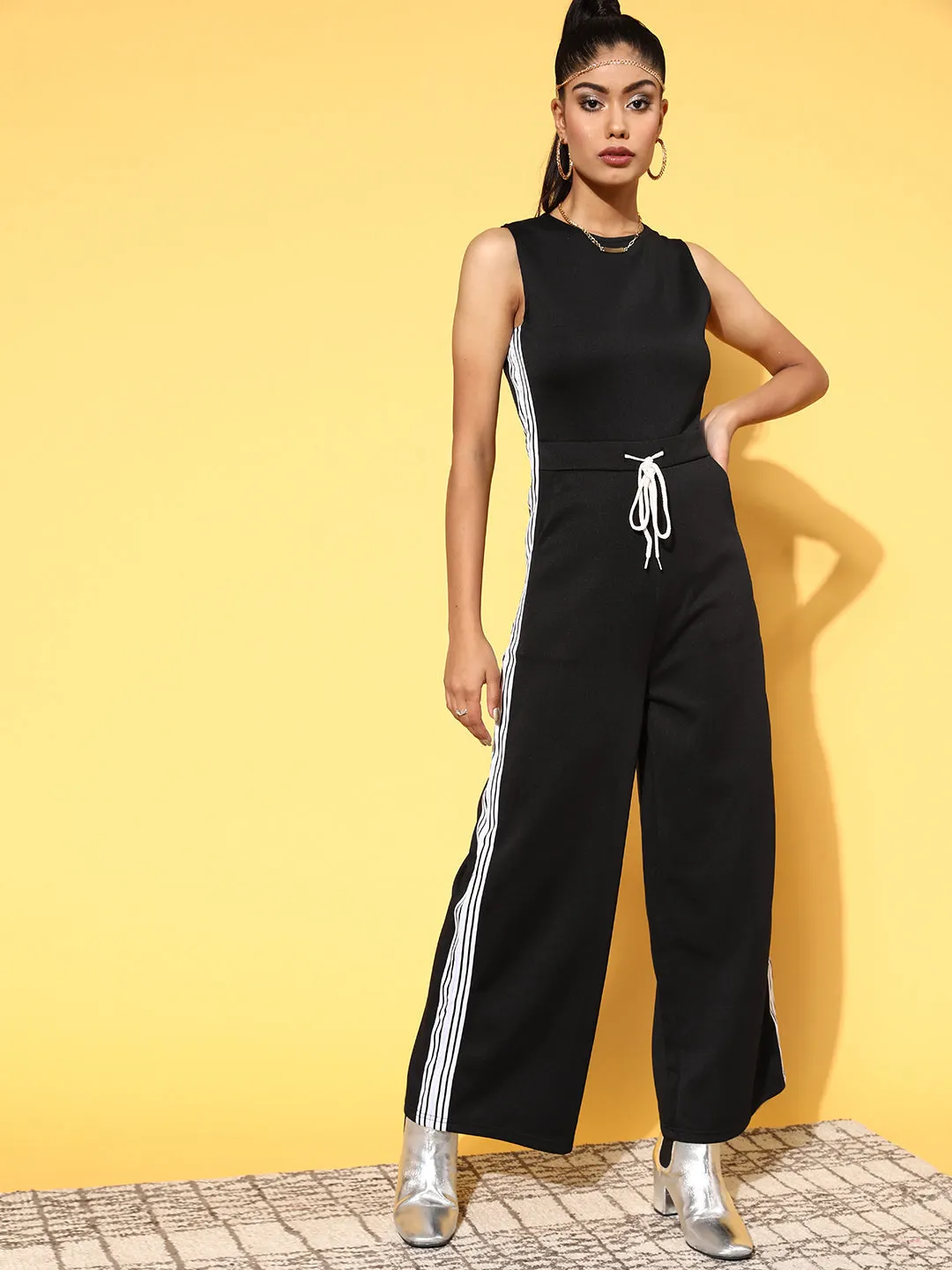 Women Black Scuba Drawstring Sleeveless Jumpsuit