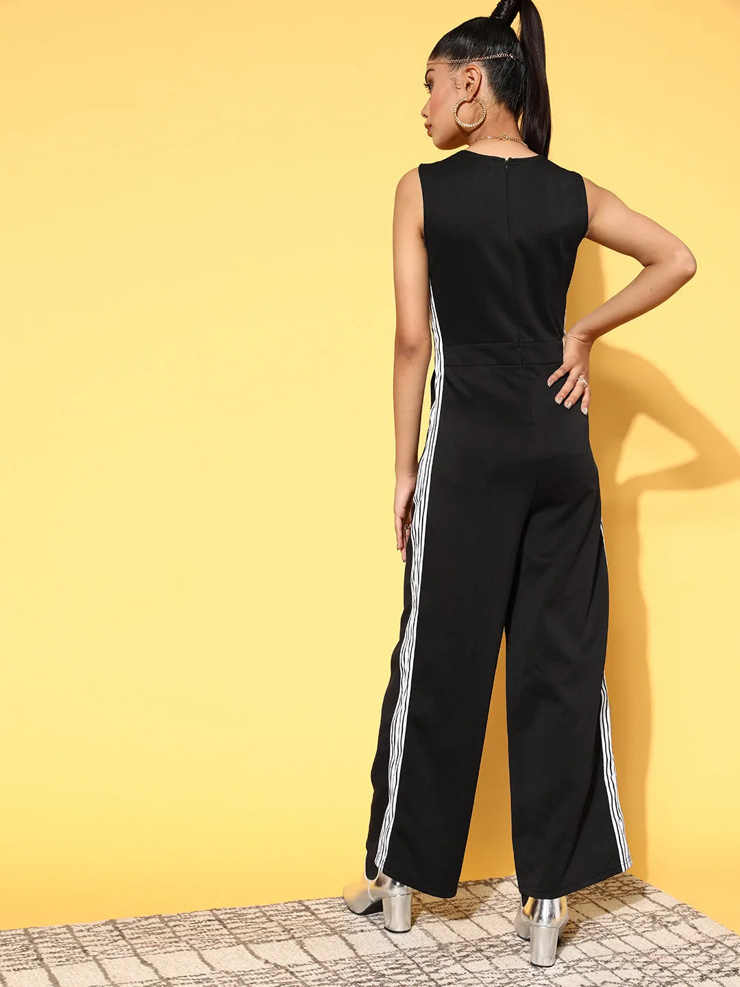 Women Black Scuba Drawstring Sleeveless Jumpsuit