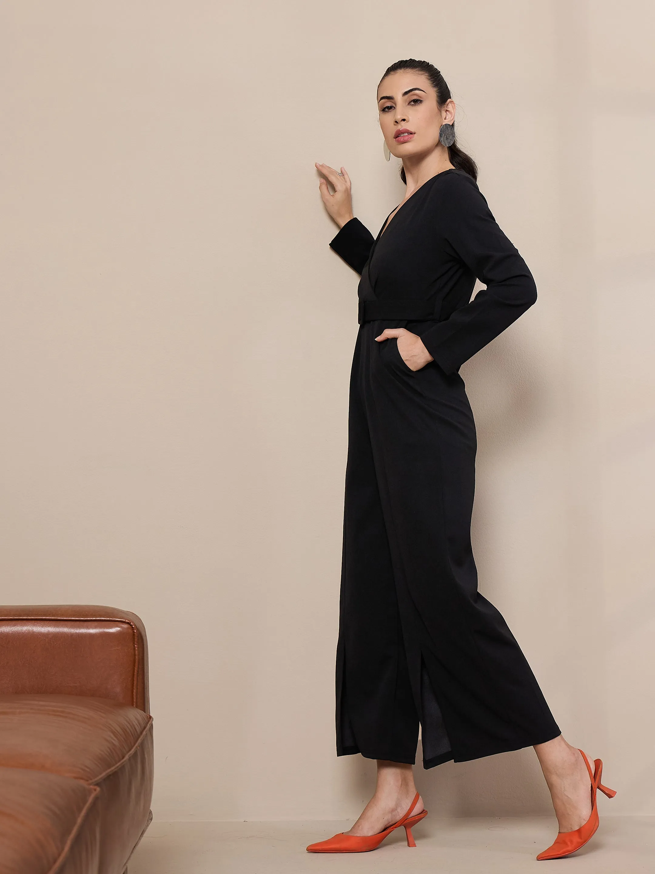 Women Black V-Neck Belted Jumpsuit