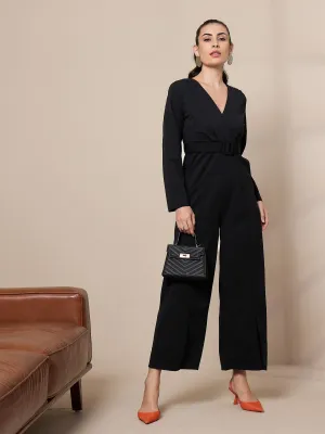 Women Black V-Neck Belted Jumpsuit