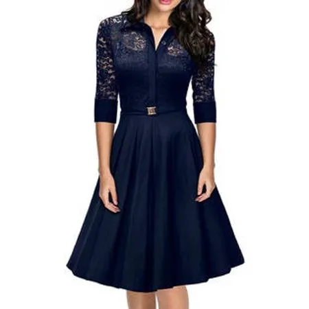 Women Collar Style Slim Waist Halter Skirt Lace Dress Navy Blue - UWD271