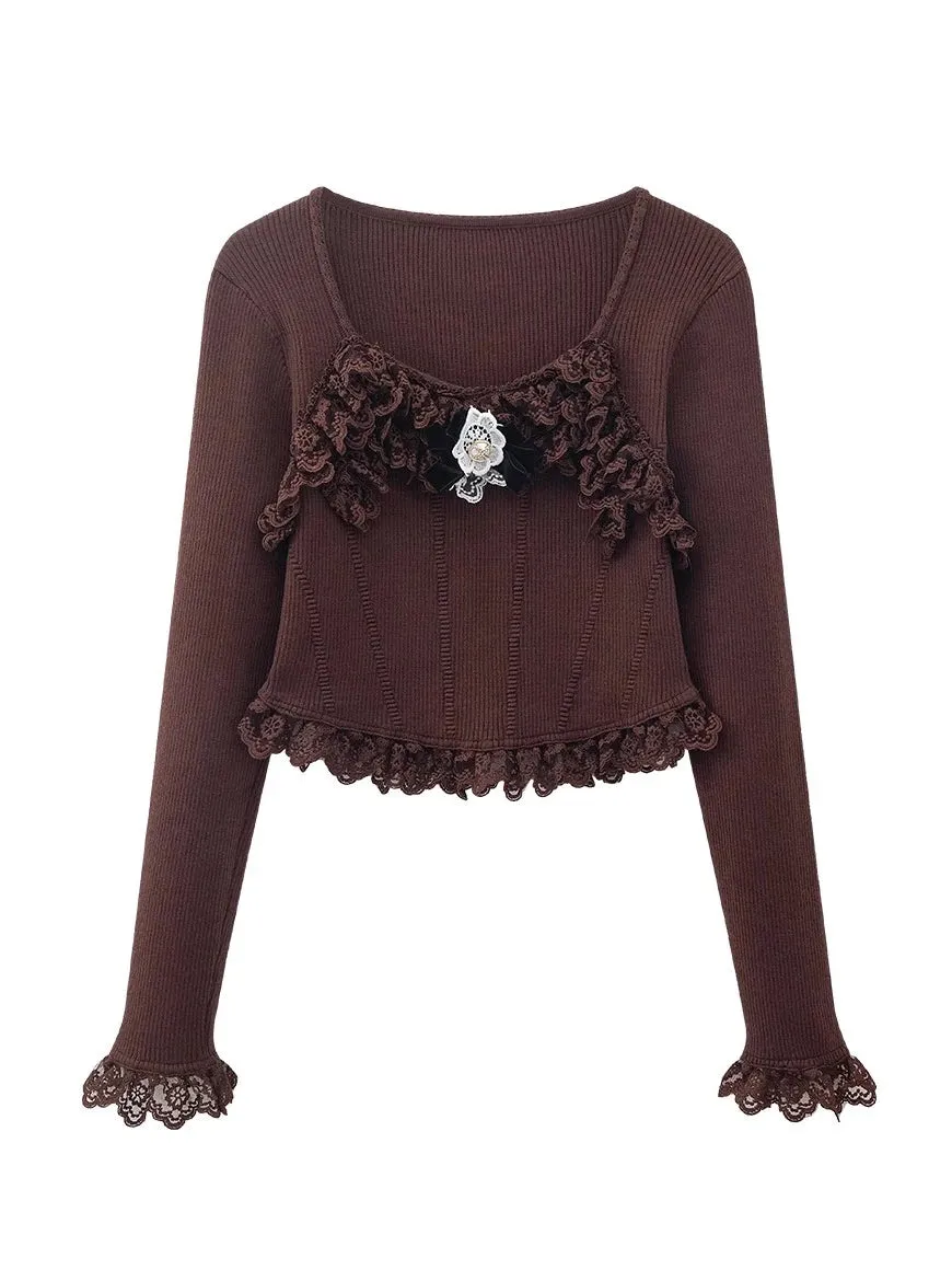 Women Fashion With Rhinestone Bow Crop Ribbed Knit Blouses Y2K O Neck Long Sleeve Female Knitting Sweater Tops With Lace  C-291