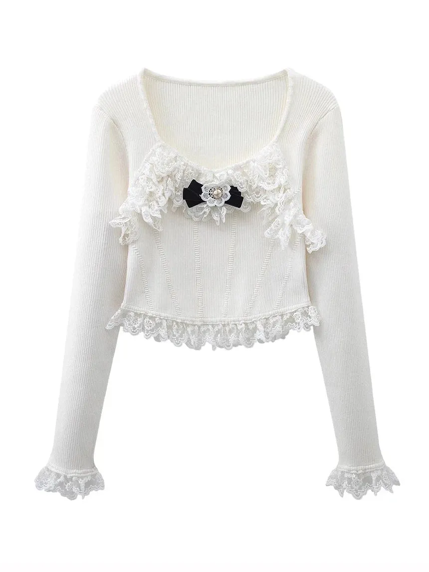 Women Fashion With Rhinestone Bow Crop Ribbed Knit Blouses Y2K O Neck Long Sleeve Female Knitting Sweater Tops With Lace  C-291