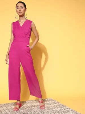 Women Fuchsia Wrap Gathered Jumpsuit