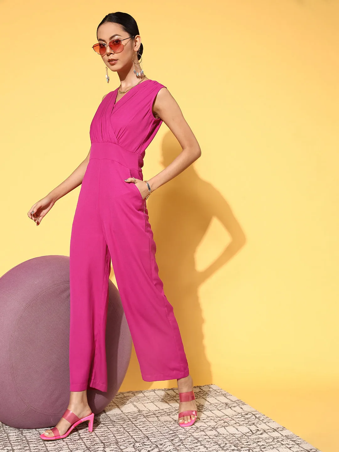 Women Fuchsia Wrap Gathered Jumpsuit