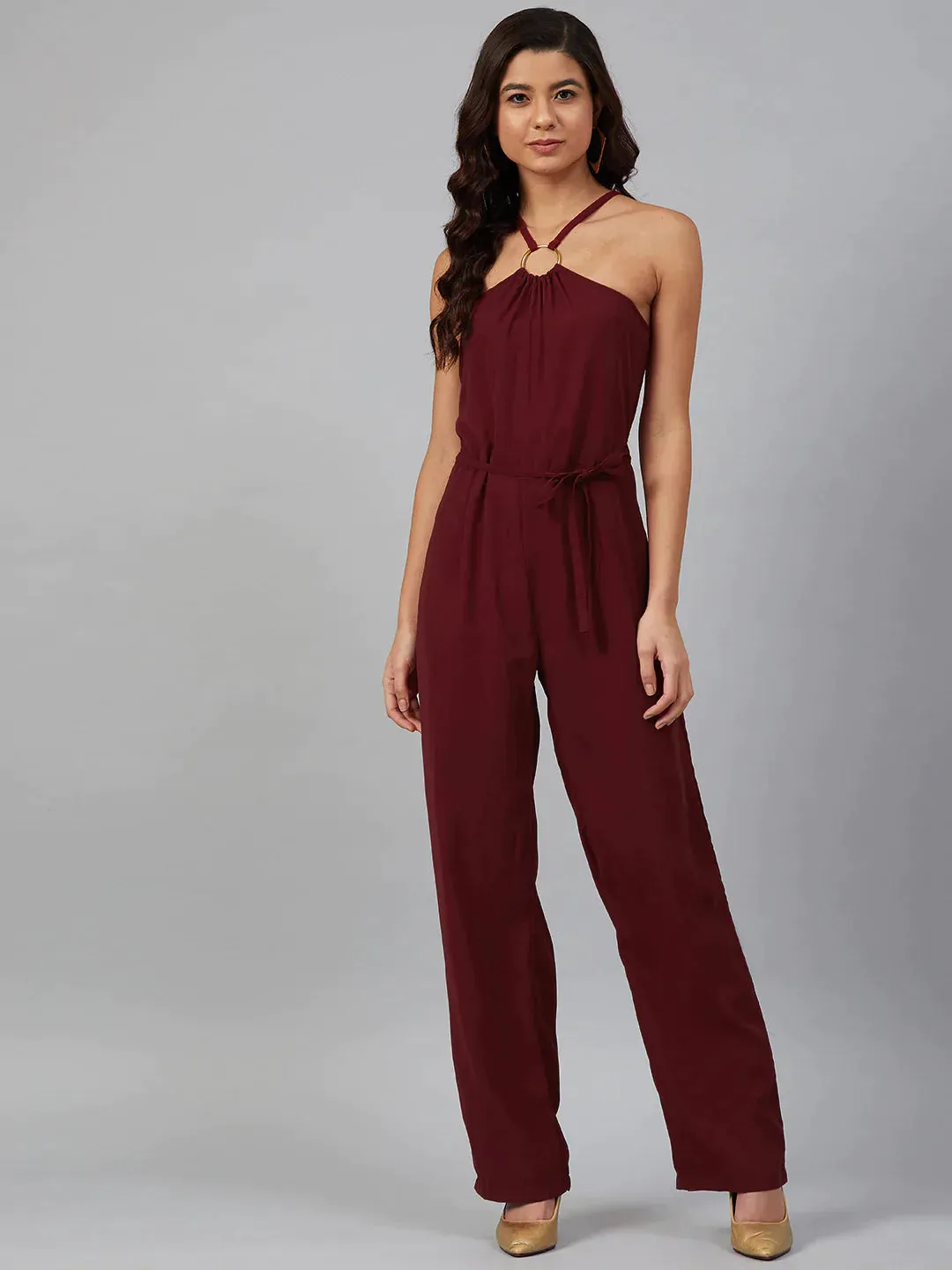 Women Maroon Solid Basic Halter Neck Basic Jumpsuit