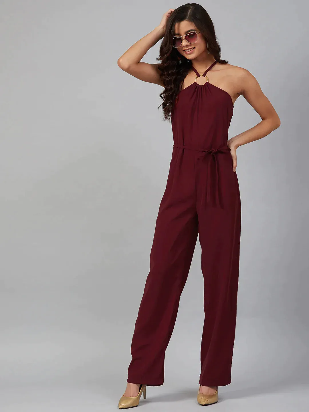 Women Maroon Solid Basic Halter Neck Basic Jumpsuit