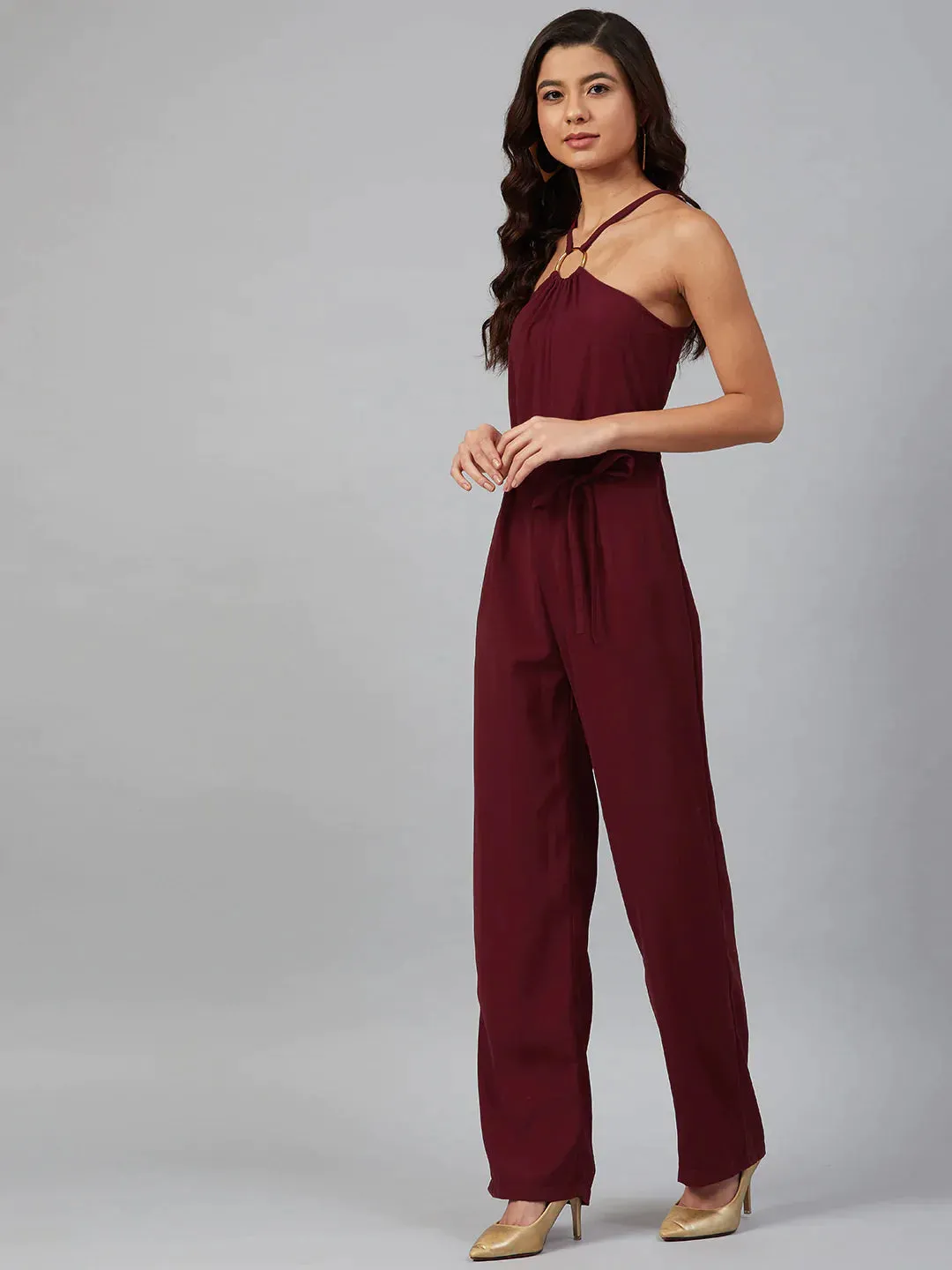 Women Maroon Solid Basic Halter Neck Basic Jumpsuit