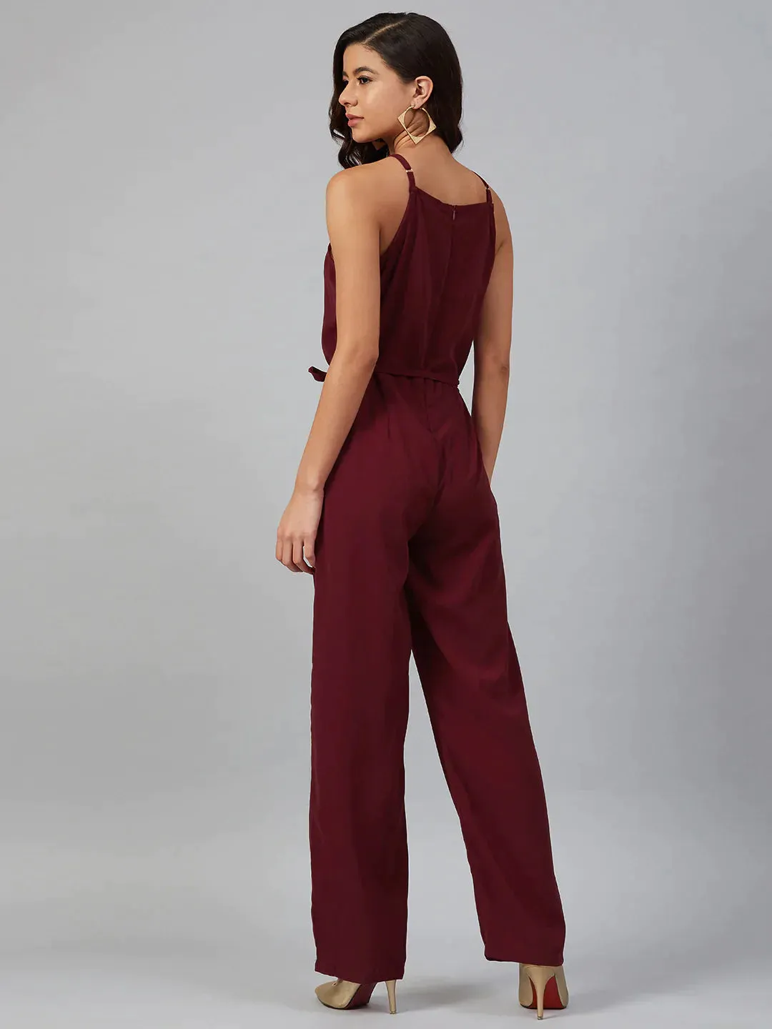 Women Maroon Solid Basic Halter Neck Basic Jumpsuit