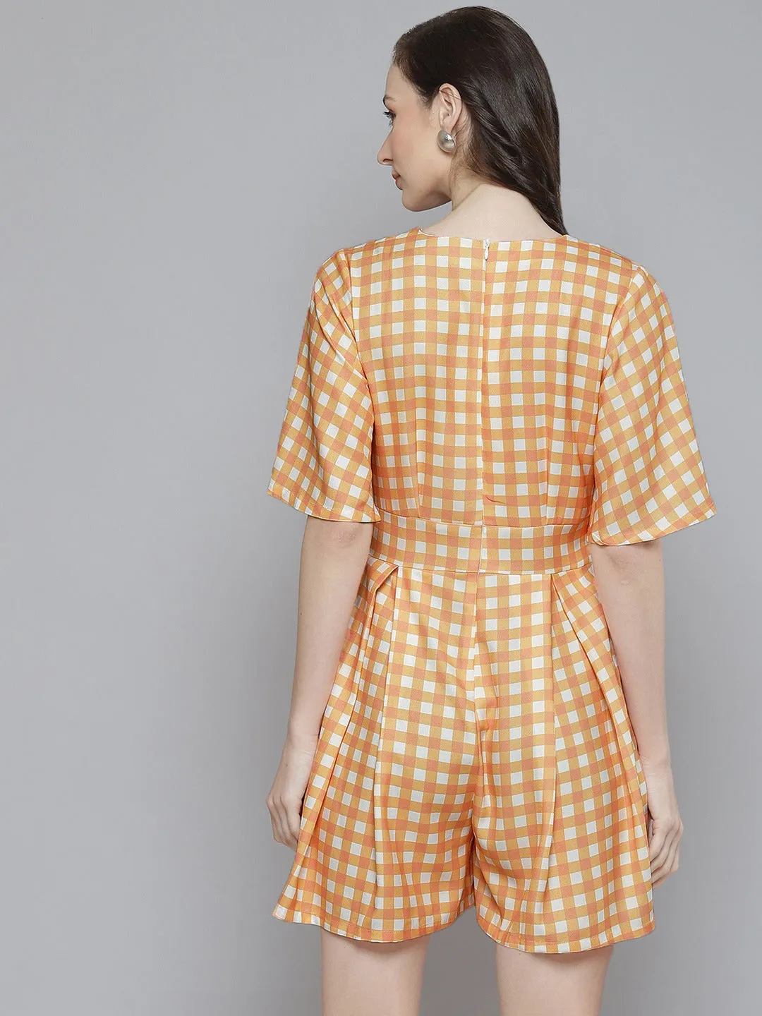 Women Orange & White Check V-Neck Romper