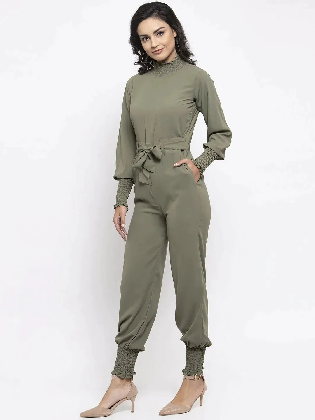 Women Pista Green Solid Basic Jumpsuit