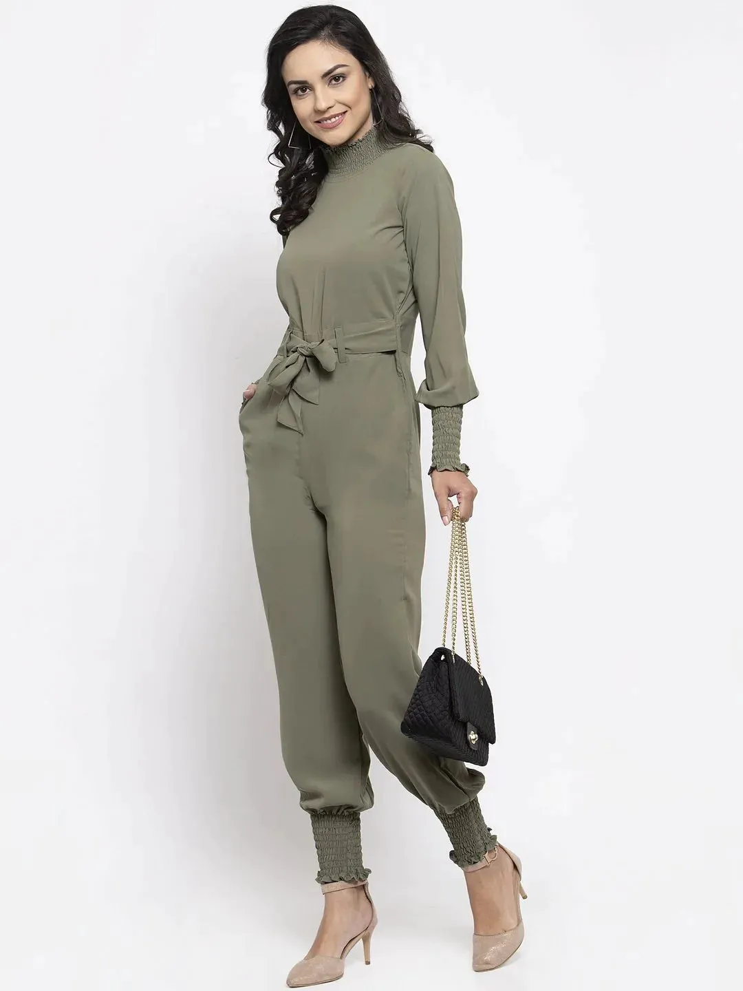 Women Pista Green Solid Basic Jumpsuit