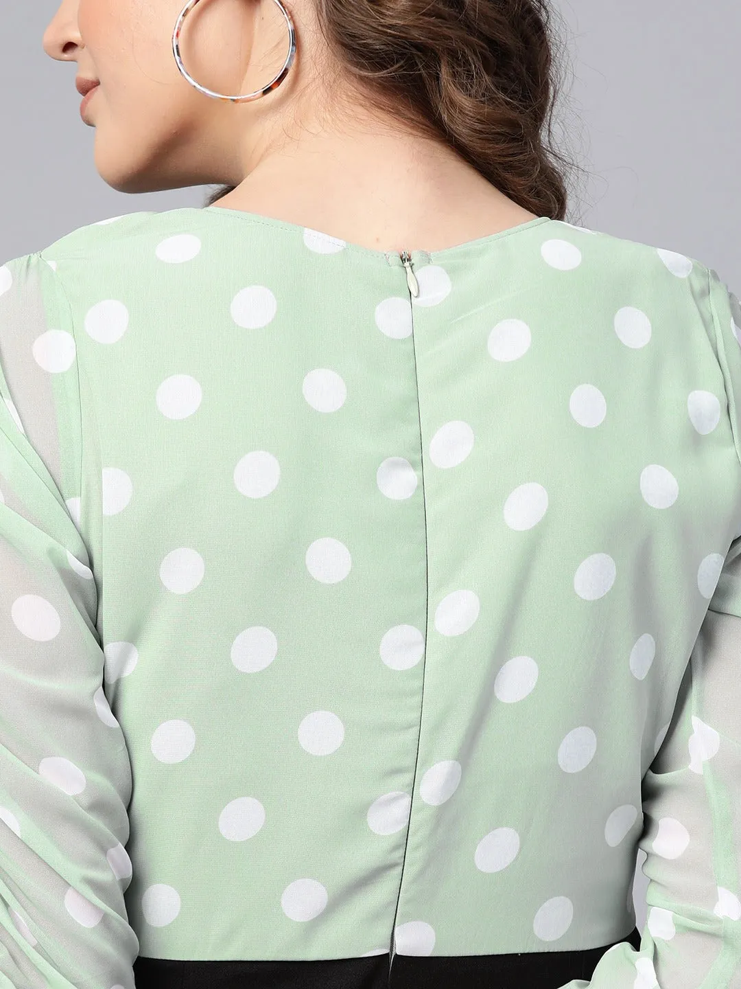 Women Sea Green Polka Dot Sleeve Rouching Jumpsuit