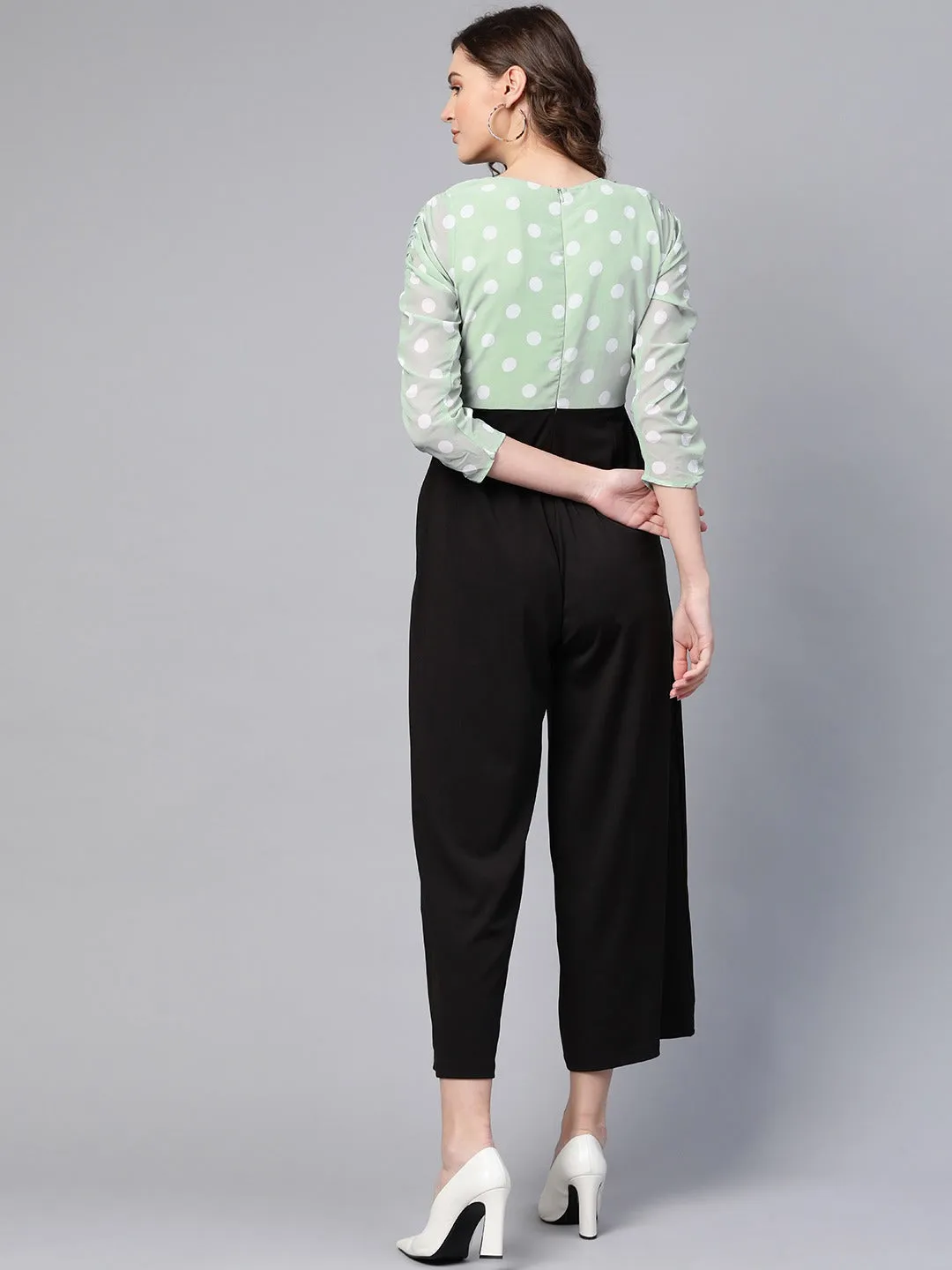 Women Sea Green Polka Dot Sleeve Rouching Jumpsuit