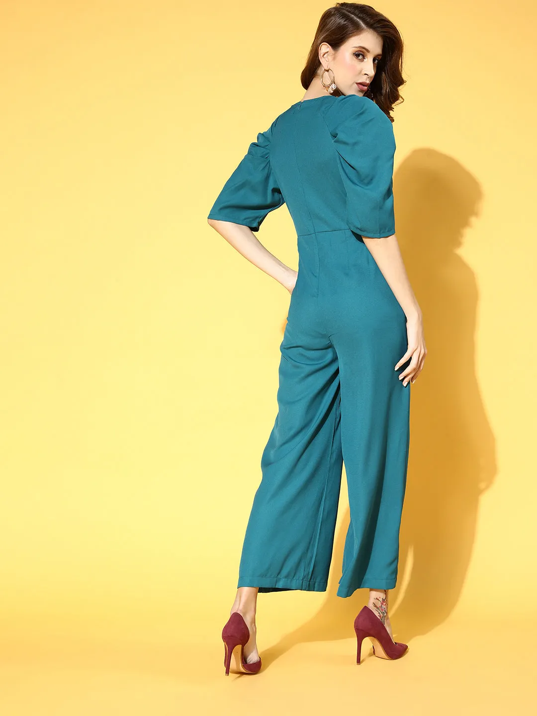 Women Teal Pleated Pearl Detail Jumpsuit