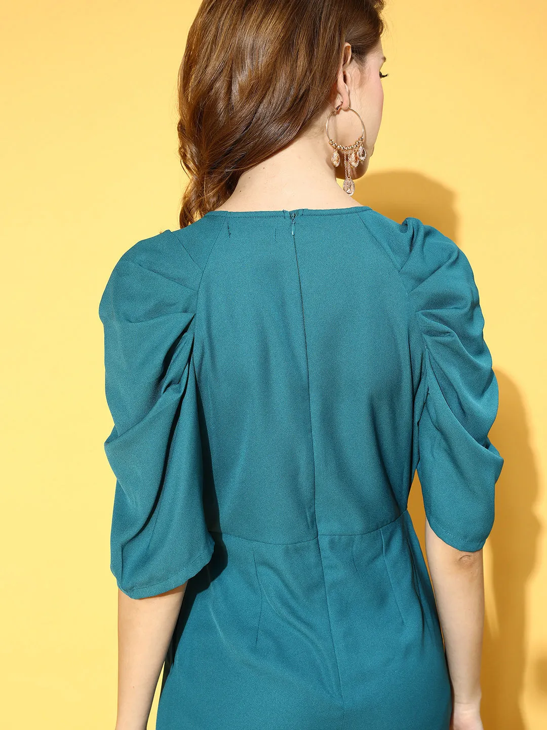 Women Teal Pleated Pearl Detail Jumpsuit