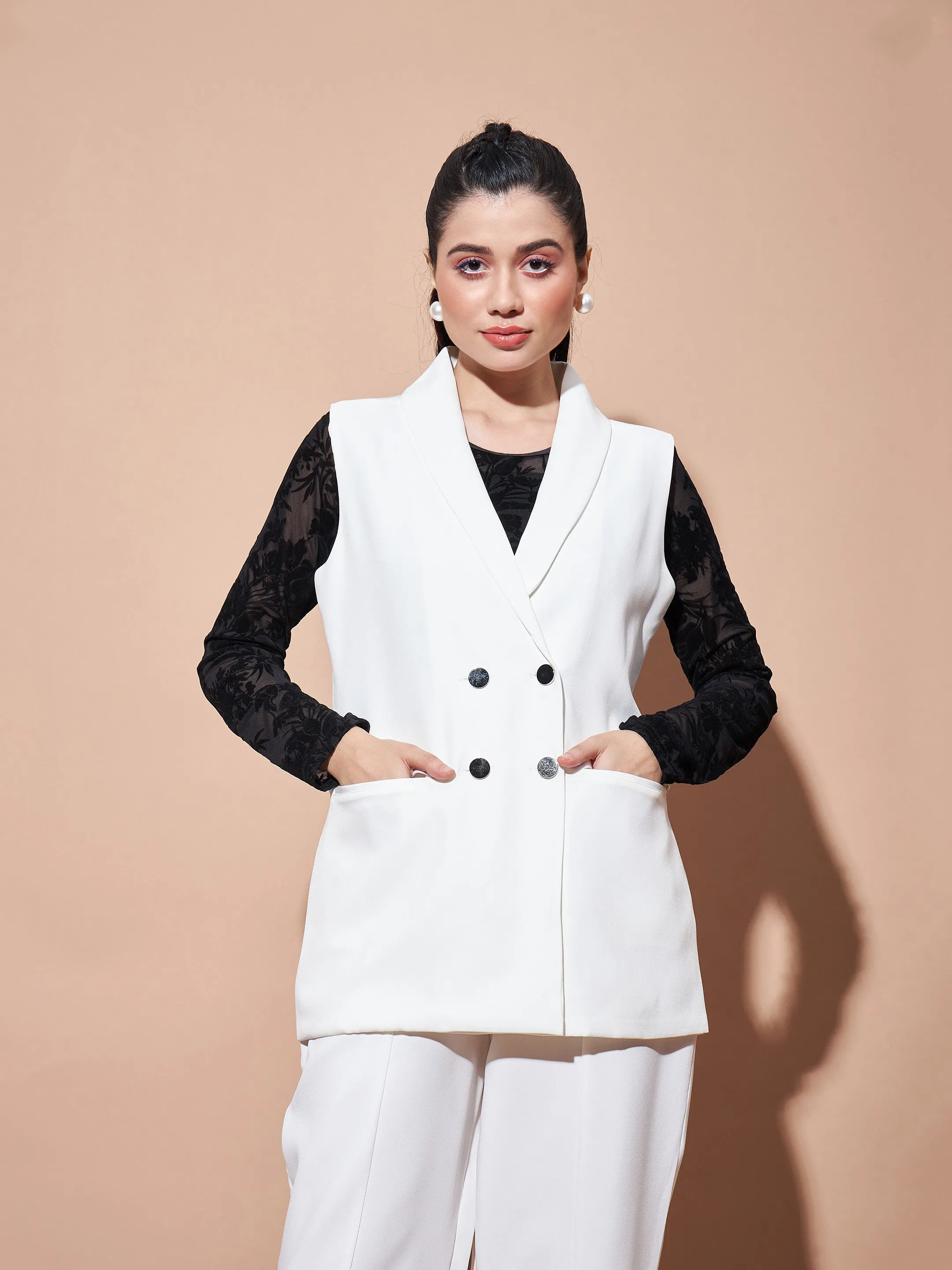 Women White Show Pocket Sleeveless Longline Blazer