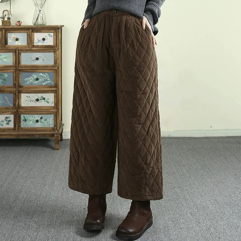 Women Winter Corduroy Quilted Solid-Color Cotton Wide-Leg Pants