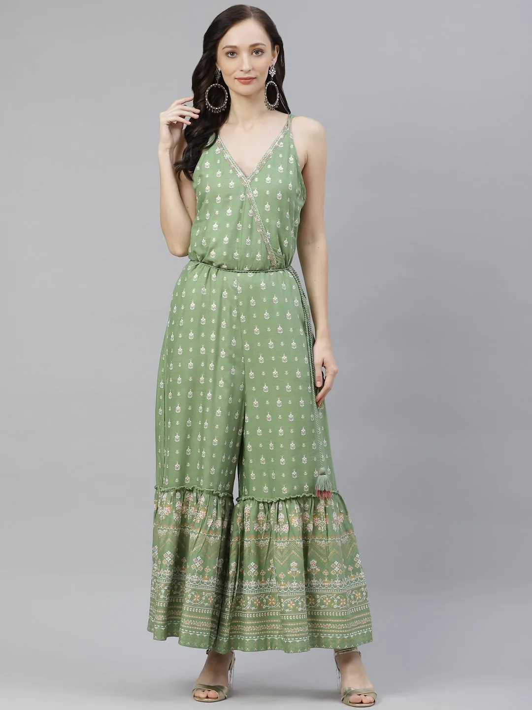 Women'S Green Angrakha Shoulder Strips Jumpsuit