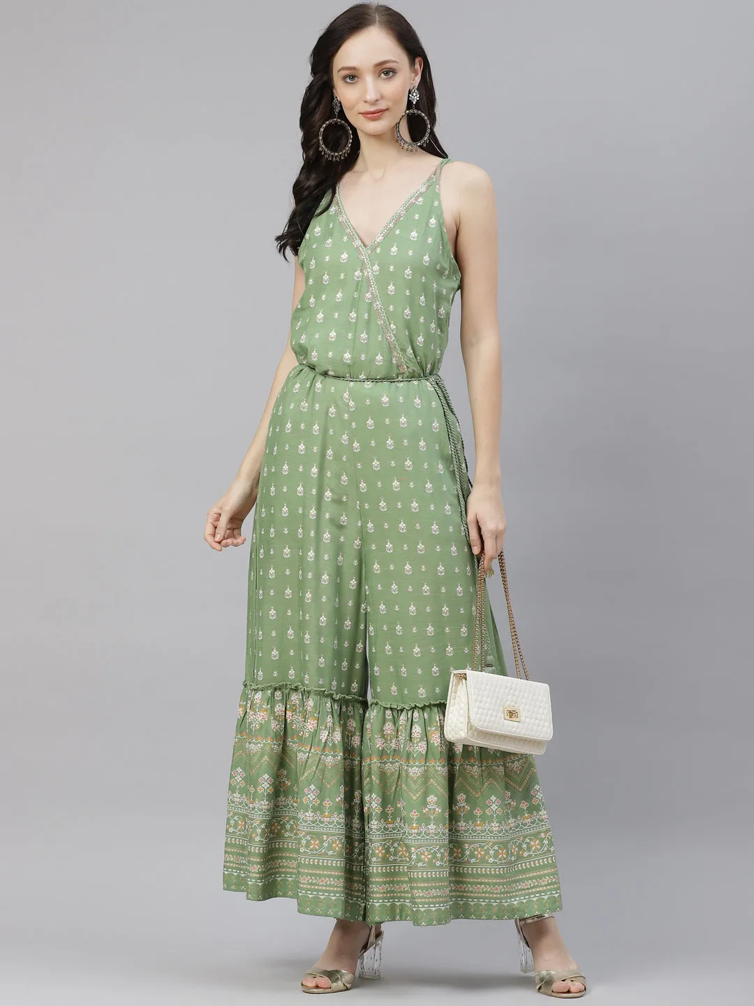 Women'S Green Angrakha Shoulder Strips Jumpsuit