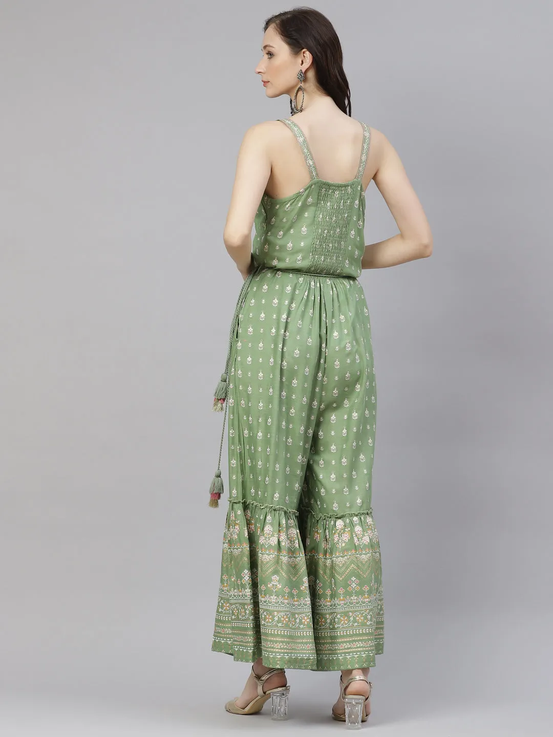 Women'S Green Angrakha Shoulder Strips Jumpsuit