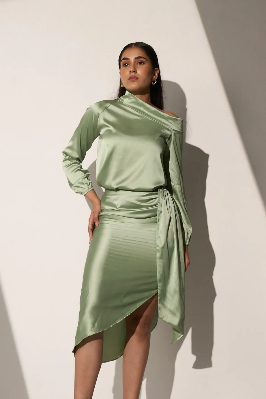 Women's Sage Green Satin coord skirt and top set