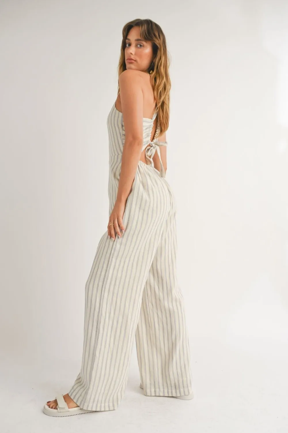 Women's Sailor Wide Leg Jumpsuit | Cotton Fabric | Baby Blue Stripes