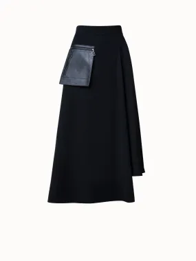 Wool Gabardine Asymmetrical Midi Skirt with Leather Pocket