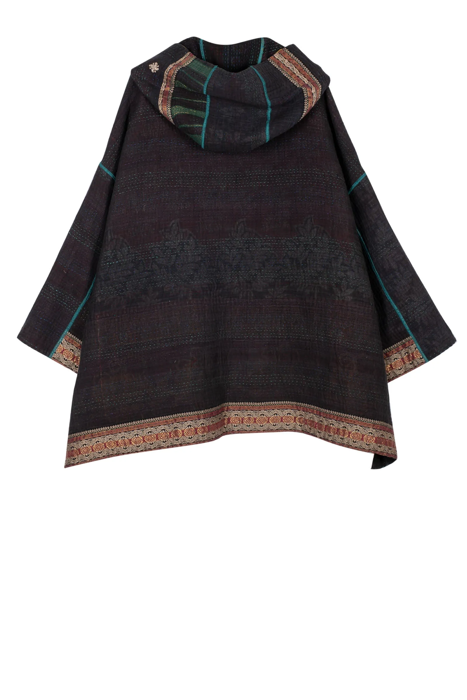 WOVEN VINTAGE COTTON KANTHA HOODIE PONCHO - fw4064-5001a -