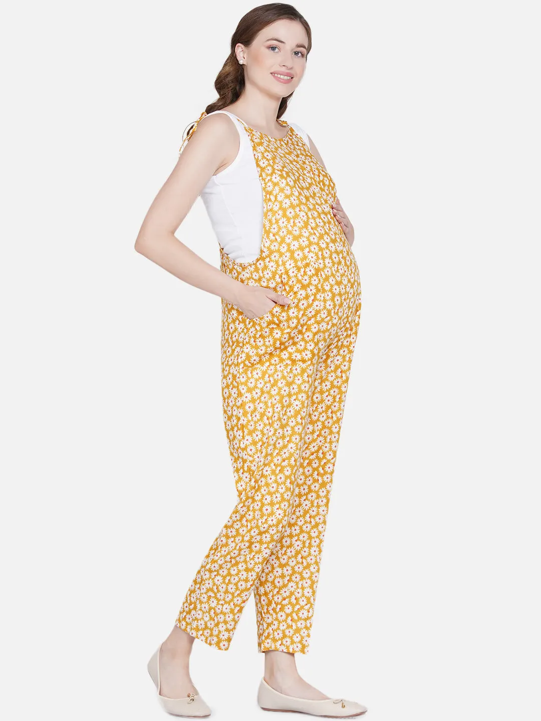 Yellow Floral Print Maternity Jumpsuit