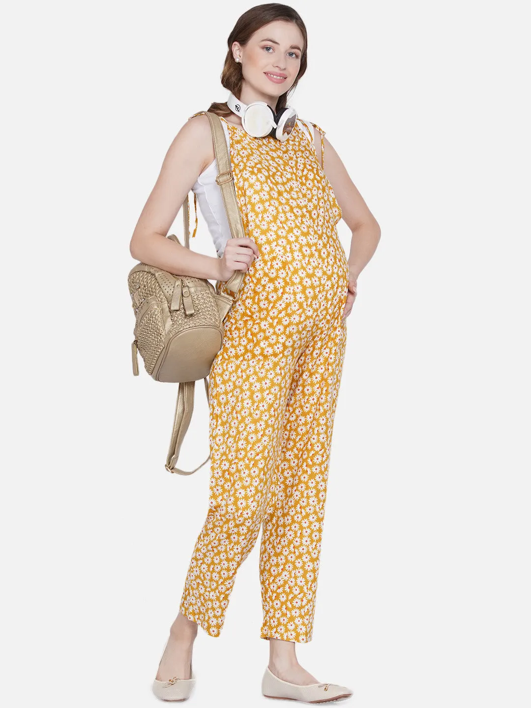 Yellow Floral Print Maternity Jumpsuit