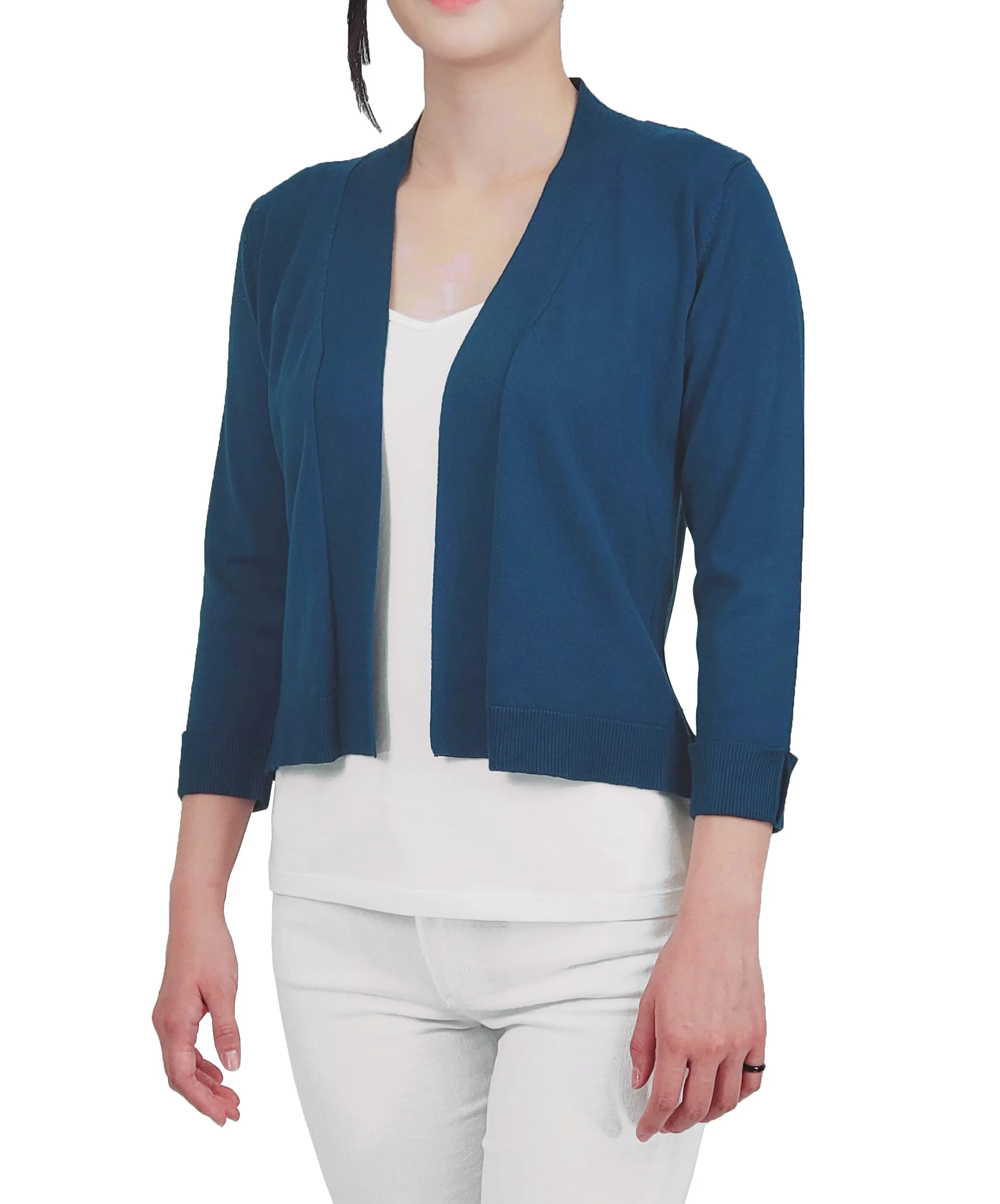 YEMAK Women's Classic 3/4 Sleeve Open Front Cropped Bolero Cardigan MK3558 (S-L)