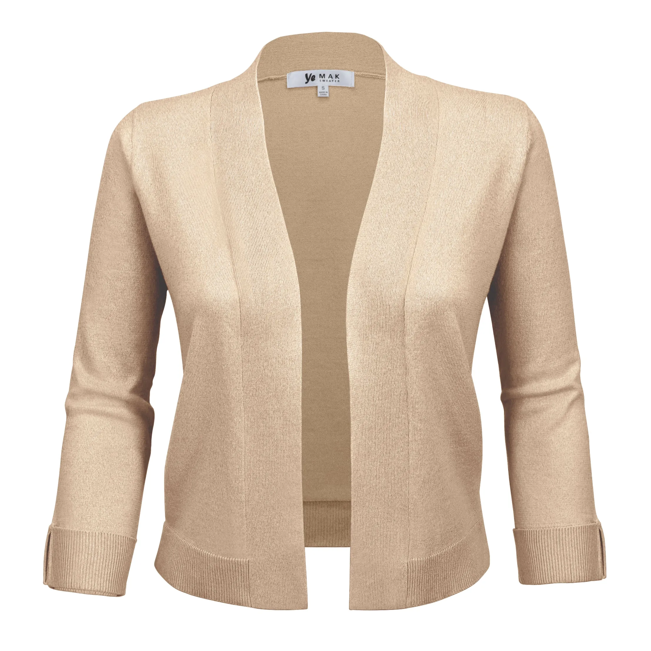 YEMAK Women's Classic 3/4 Sleeve Open Front Cropped Bolero Cardigan MK3558 (S-L)