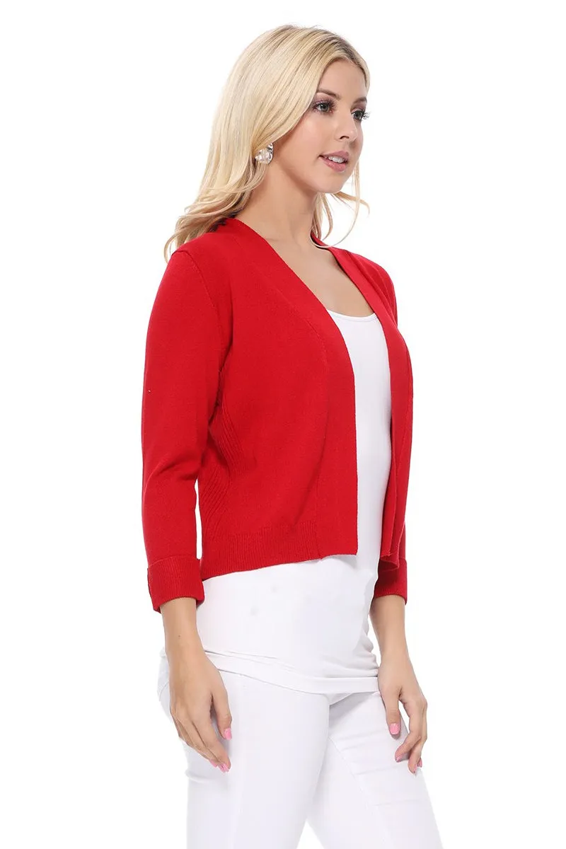 YEMAK Women's Classic 3/4 Sleeve Open Front Cropped Bolero Cardigan MK3558 (S-L)