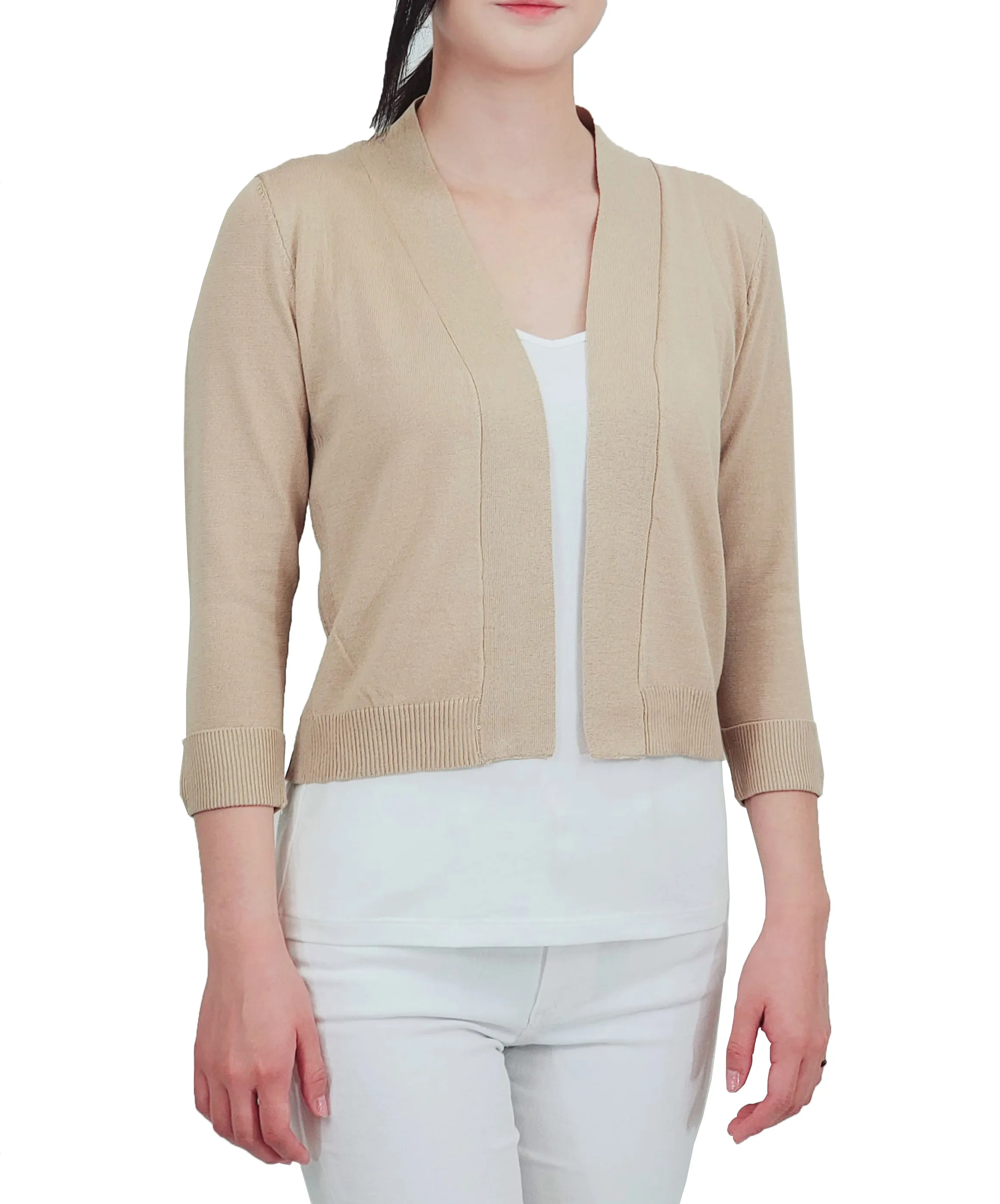 YEMAK Women's Classic 3/4 Sleeve Open Front Cropped Bolero Cardigan MK3558 (S-L)