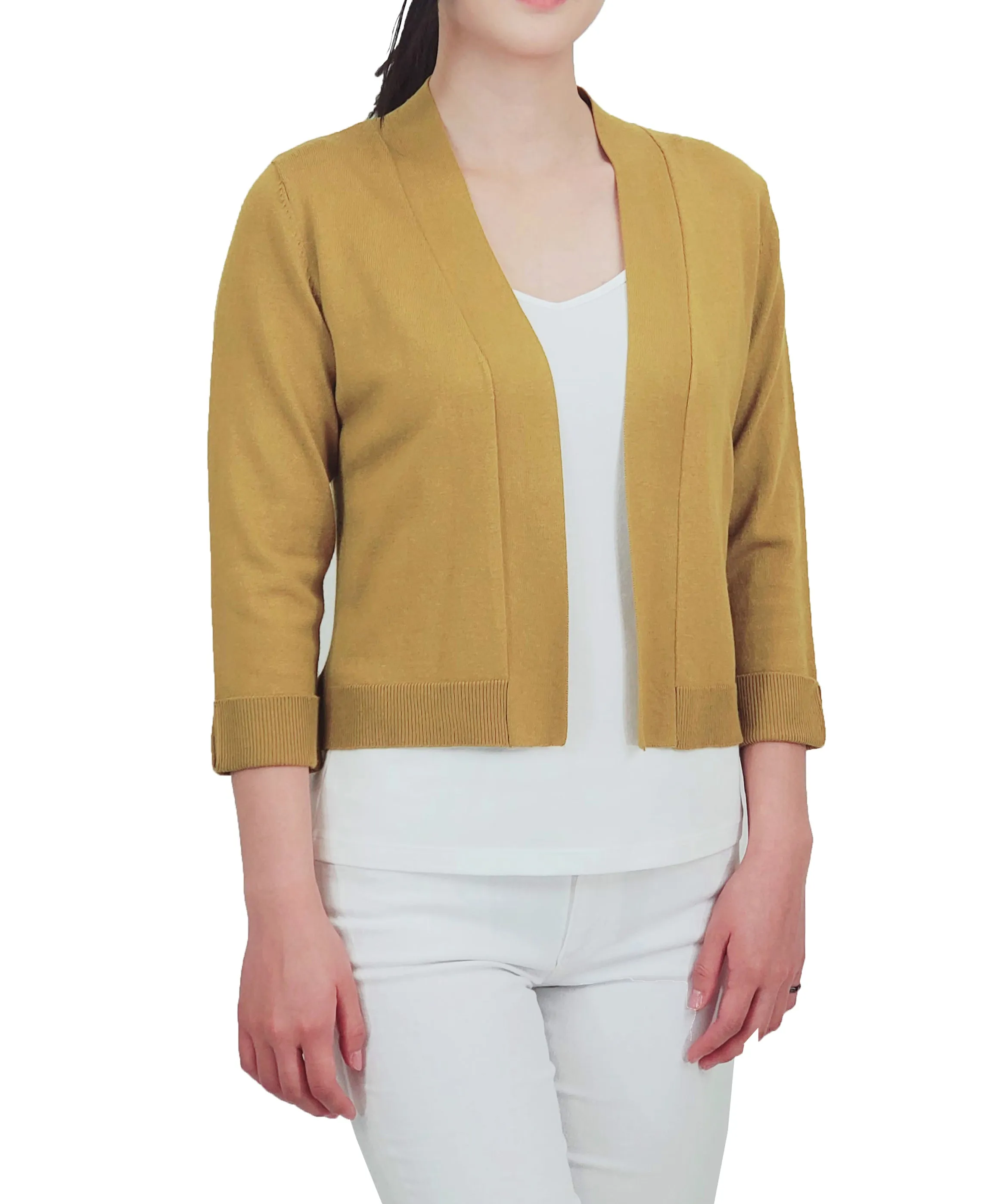 YEMAK Women's Classic 3/4 Sleeve Open Front Cropped Bolero Cardigan MK3558 (S-L)