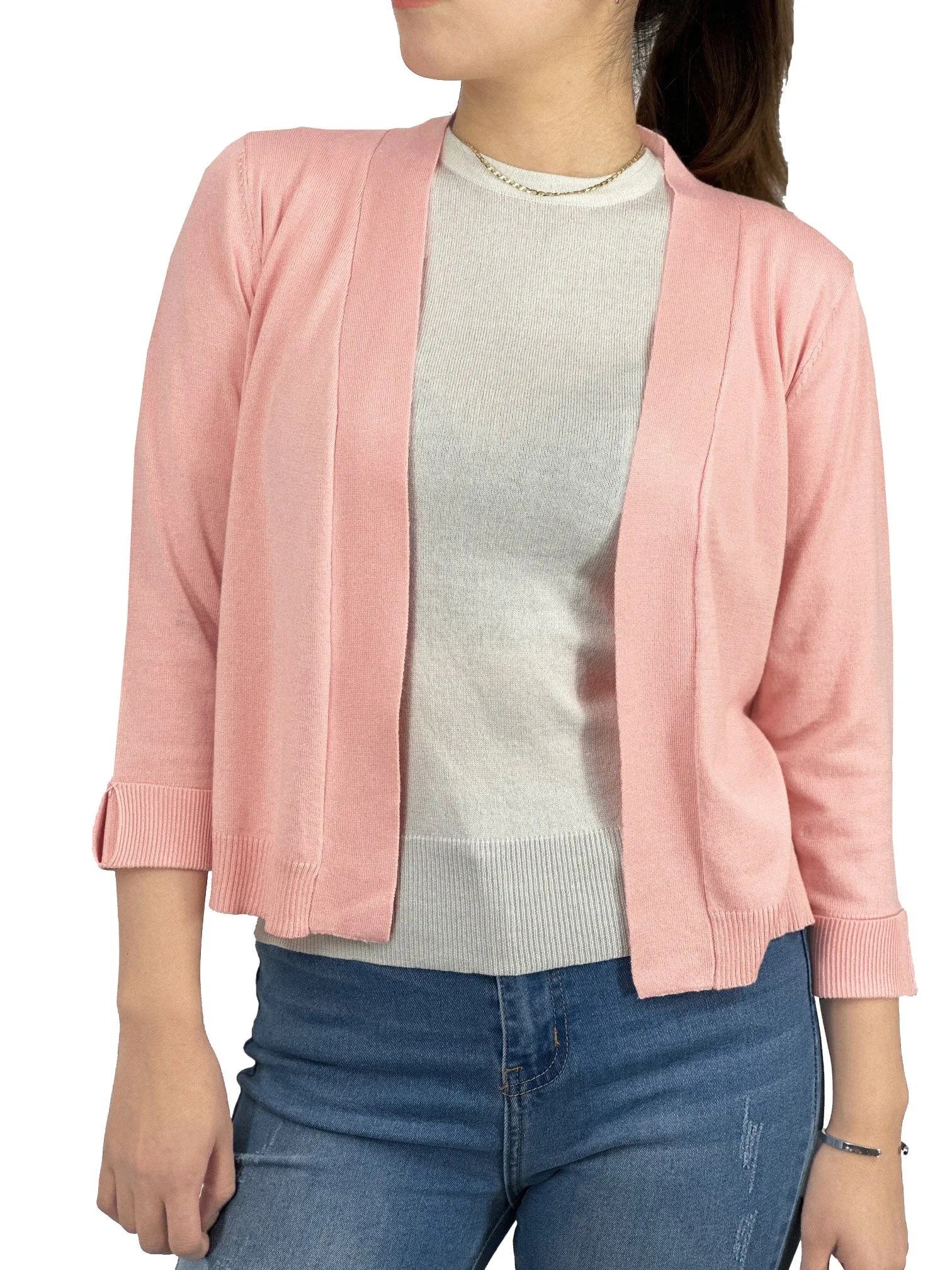 YEMAK Women's Classic 3/4 Sleeve Open Front Cropped Bolero Cardigan MK3558 (S-L)